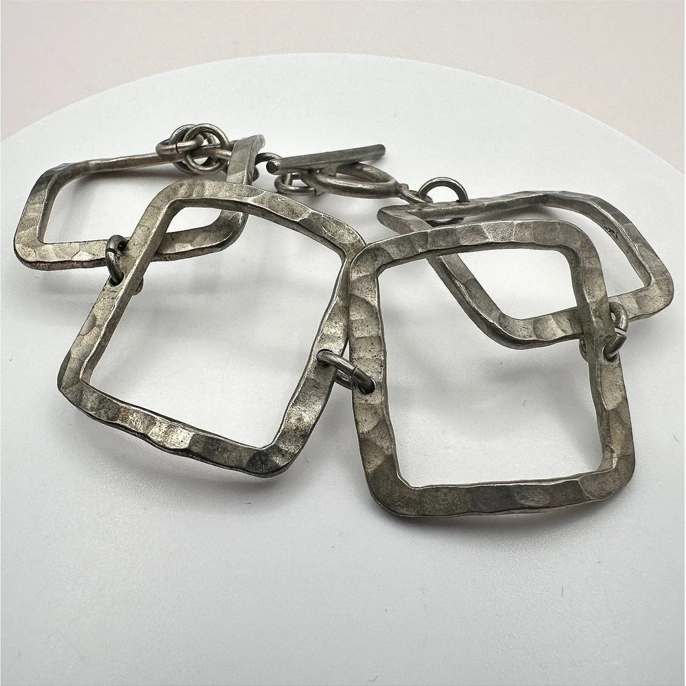 Vintage 90s Silver Tone Hammered Square Link Bracelet Retro Boho Fashion Jewelry